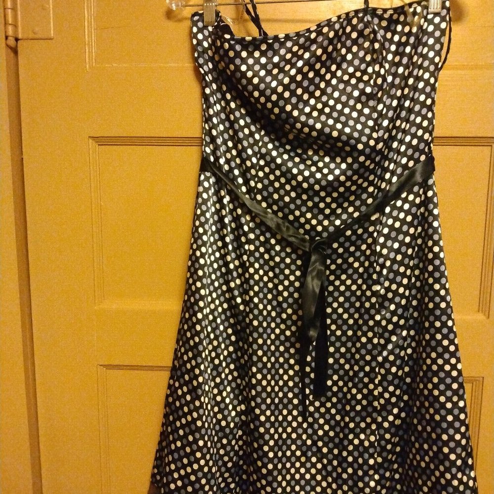 Silver and white polka dot satiny prom style dress